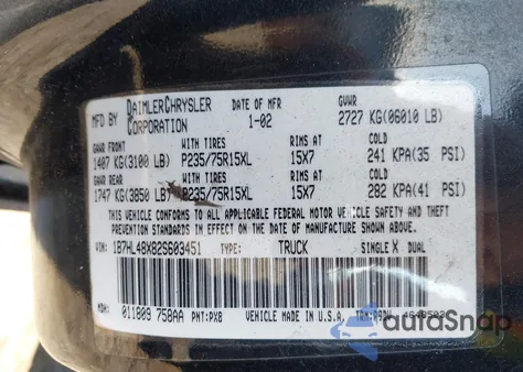 2002 Dodge Dakota Slt из США, поврежденный, VIN 1B7HL48X82S603451